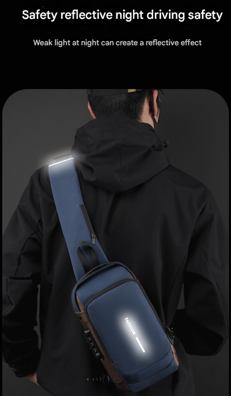 Blue and Brown Men's Anti-Theft Crossbody Sling Bag with USB Charging Port & Combination Lock