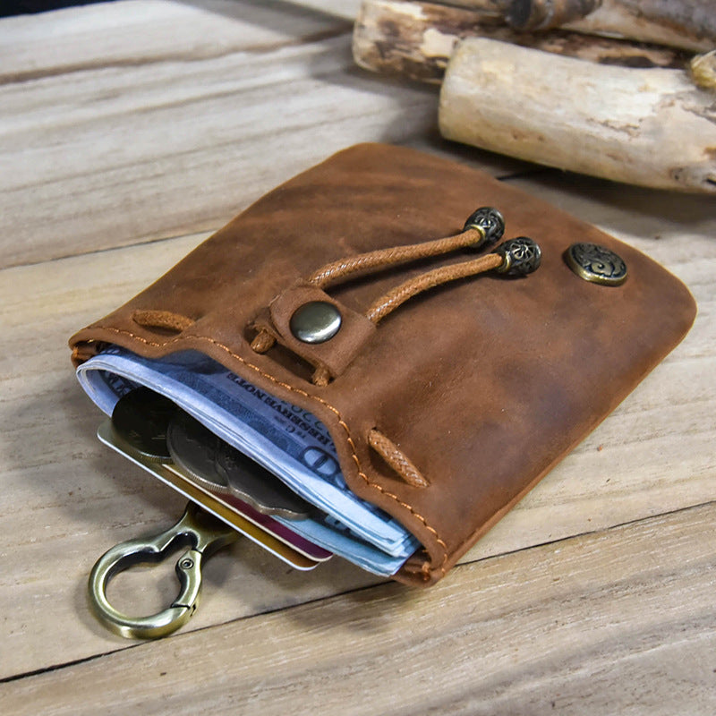 Light Brown Vintage Crazy Horse Leather Coin Purse Handmade Drawstring Pouch with Belt Clip Small Storage Bag for Coins Keys and Dice EDC