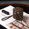 Coffee 2 Pack Mini PU Leather Cube Cosmetic Bag - Portable Travel Pouch for Lipstick, Coins and Jewelry - Compact Storage with Wrist Strap 8x7.5cm
