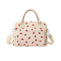 Beige Women's Large Corduroy Lunch Bag Insulated Thermal Tote Strawberry Print with Shoulder Strap for Work School & Picnics