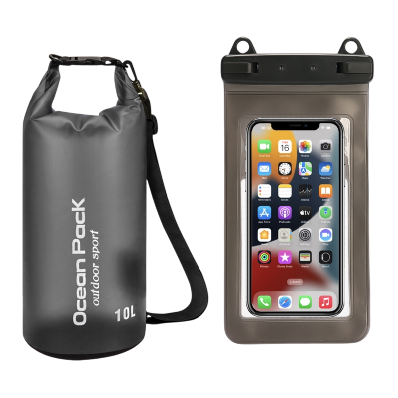 Black 10L PVC Waterproof Swimming Bag Bonus with Waterproof Phone Pouch - Roll-Top Floating Dry Gear Bags for Beach, Kayaking & Outdoor Sports