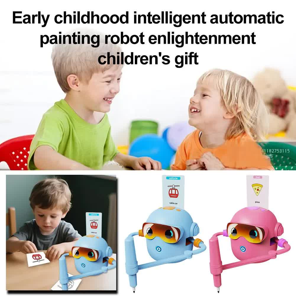Blue smart Drawing & Learning Robot Toy with 100 Cards - Drawing & Vocabulary Educational Companion for Kids, Quick Card-Insert Recognition