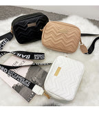 Women's White Quilted Crossbody Bag Small PU Leather Shoulder Purse with Wide Patterned Strap Ideal for Travel and Daily Use