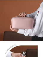 Large Capacity Travel Cosmetic Bag Portable PU Leather Pillow Pouch Waterproof Make Up Organiser Toiletry Case with Handle Rose pink