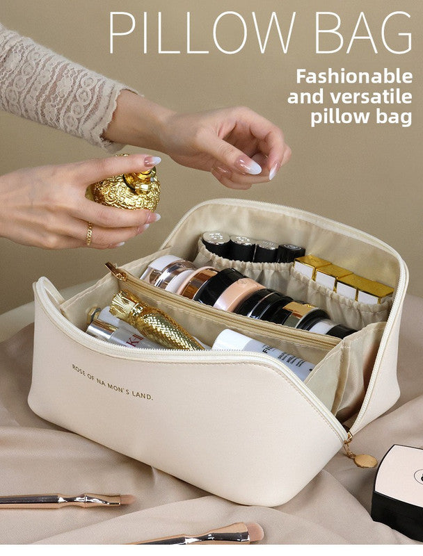 Large Capacity Travel Cosmetic Bag Portable PU Leather Pillow Pouch Waterproof Make Up Organiser Toiletry Case with Handle Rose pink