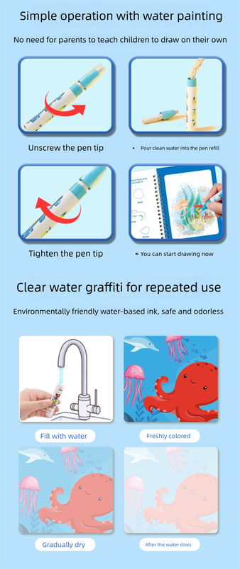 2 PCS Magic Water Colouring Book Animals & Sea World Themes Reusable Painting Activity Set Mess Free Travel Toy for Kids