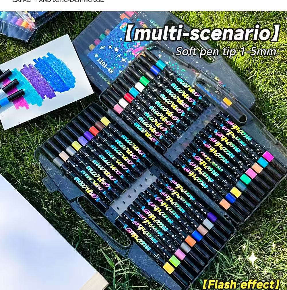 36 Pack Dual-Tip Glitter Flash Marker Pens - 72 Color Soft Brush & Fine Tip Set, Watercolor Drawing Stationery for Art & Craft