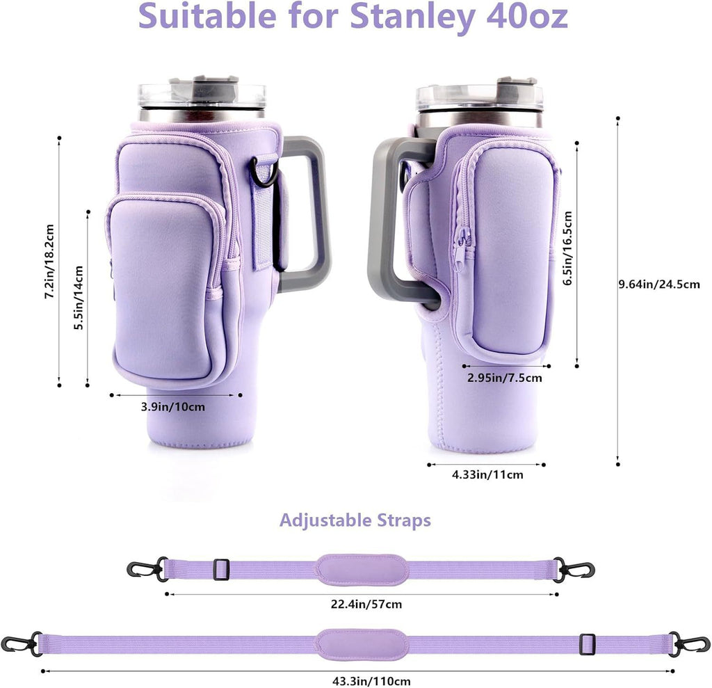 40oz Purple Insulated Tumbler Carrier Sleeve with Adjustable Shoulder Strap - Neoprene Triple-Pocket Holder for Outdoor and Car Use