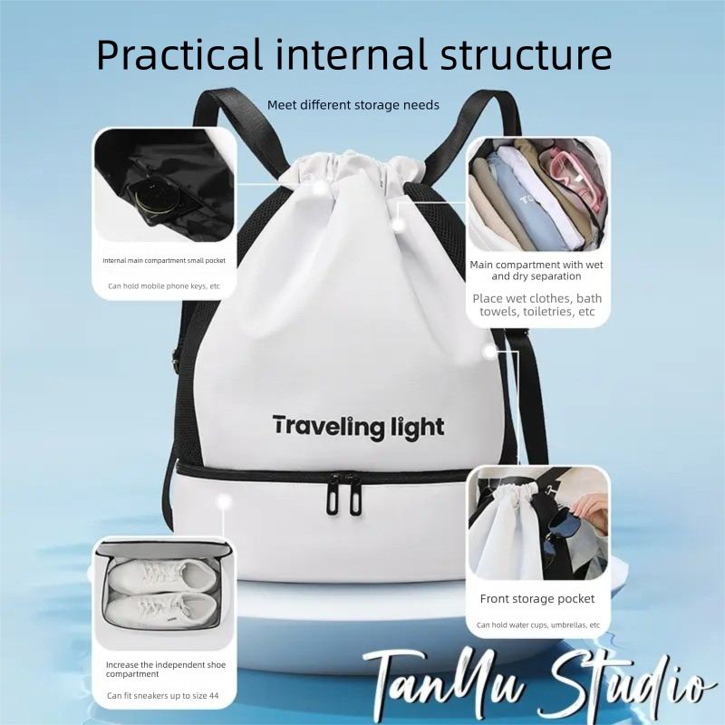 Black Waterproof Drawstring Swimming Backpack with Wet Dry Separation and Shoe Compartment for Gym and Yoga Organized Gear Bag for Local Active Lifestyles