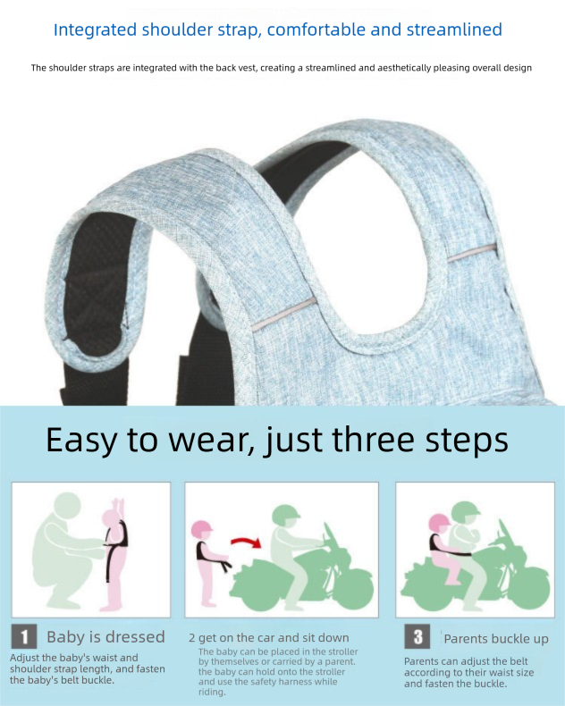 Child Motorcycle Safety Harness Strap Adjustable Passenger Belt with Handles & Storage Pocket Breathable Linen Black for Scooter