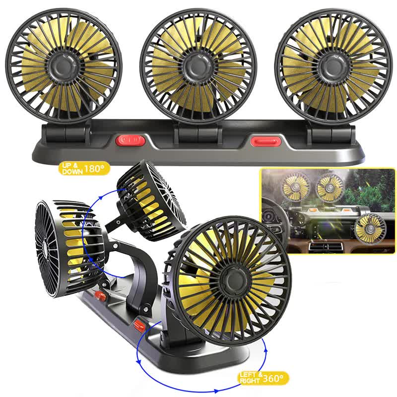 3-in-1 Powerful Car Triple Head Fan (USB Power) - Quiet Cooling Fan Integrated Aromatherapy & Number Plate, with 360° Rotation & 130cm Long Cord