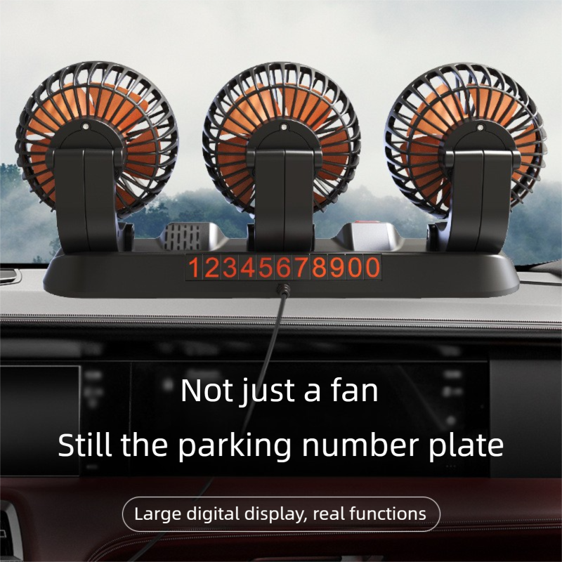 3-in-1 Powerful Car Triple Head Fan (USB Power) - Quiet Cooling Fan Integrated Aromatherapy & Number Plate, with 360° Rotation & 130cm Long Cord