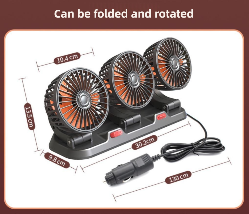 3-in-1 Powerful Car Triple Head Fan (USB Power) - Quiet Cooling Fan Integrated Aromatherapy & Number Plate, with 360° Rotation & 130cm Long Cord