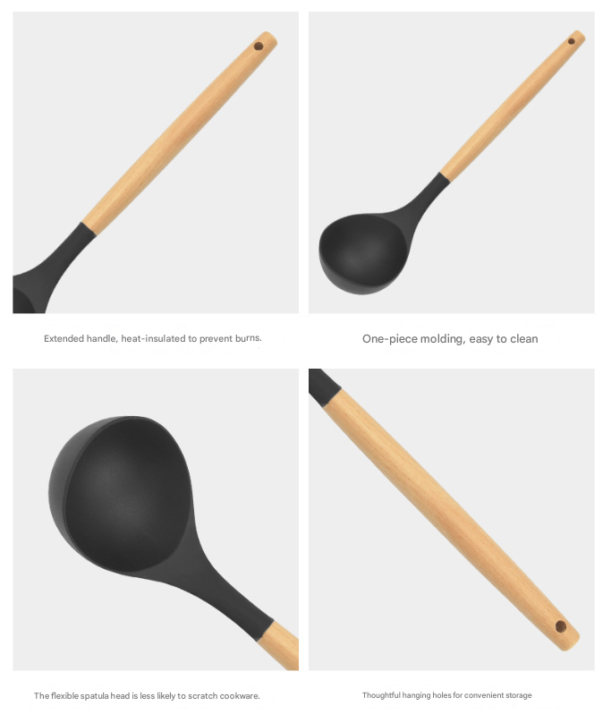 12-Piece Black Heat-Resistant Silicone Cooking Utensils with Wooden Handles and Box - Non-Stick Scratch-Free Kitchen Tool Kit
