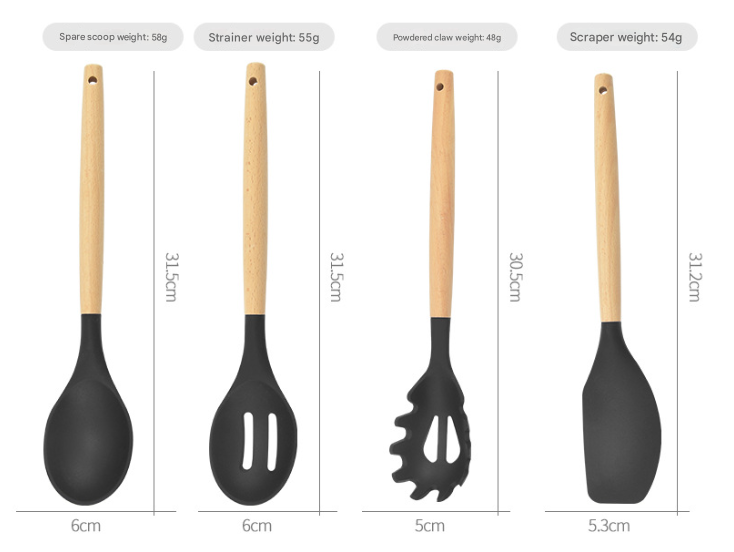 12-Piece Khaki Heat-Resistant Silicone Cooking Utensils with Wooden Handles and Box - Non-Stick Scratch-Free Kitchen Tool Kit