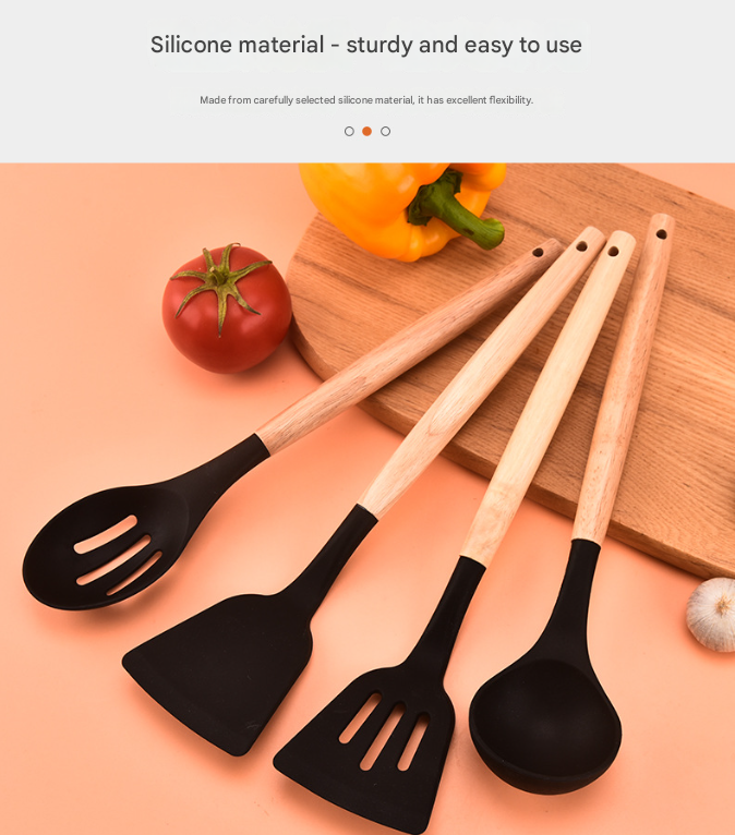 12-Piece Pink Heat-Resistant Silicone Cooking Utensils with Wooden Handles and Box - Non-Stick Scratch-Free Kitchen Tool Kit