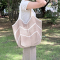 Khaki Bohemian Chic Knit Tote Bag | Large Capacity Chevron Weave Shoulder Bag | Fashionable Casual Mesh Carryall