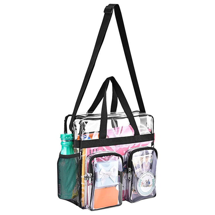 Grey Clear Multi-Pocket Tote Bag – Waterproof & Organized Carryall with Front Zipper Pockets and Adjustable Strap