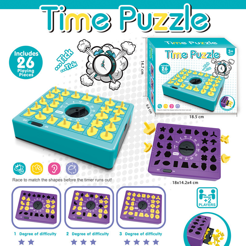 Purple Time Puzzle Shape Matching Game, Kids Educational Memory Board Game with Timer, 26 Pieces Montessori Sorting Puzzle Toy for Cognitive Development, Parent-Child Interactive Tabletop Game for Ages 3+, Brain Training Activity Toy