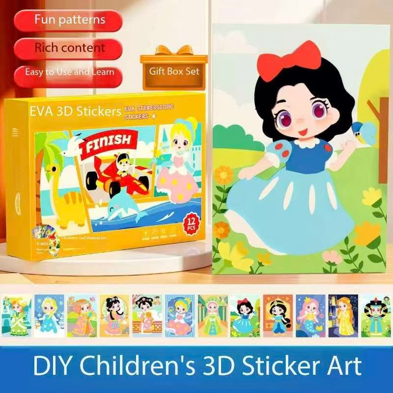 3-pce Kids 3D EVA Foam Sticker Art Kit - Princess Theme DIY Craft Activity Set with 12 Designs, Self-Adhesive Pre-Cut Shapes, Creative Handmade Gift Box for Girls Ages 4+ Preschool Educational Toy【Animals+ Oceans+Birds】