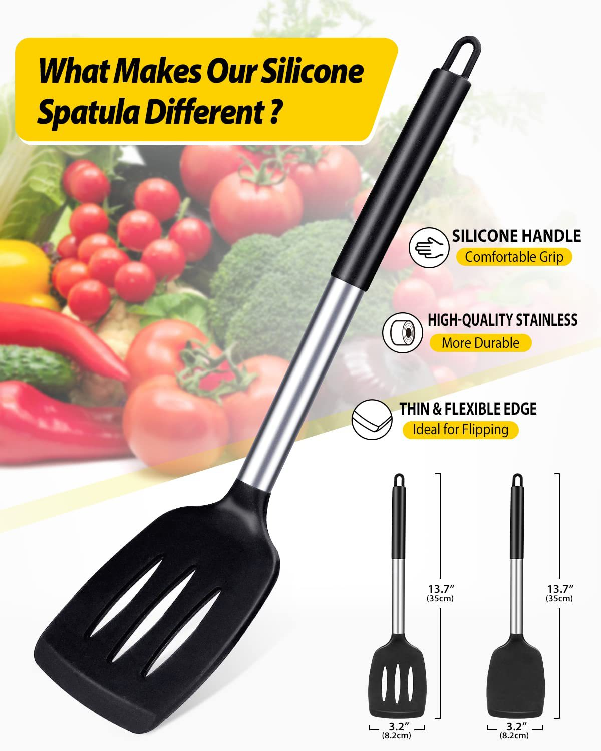 Grey 4-Piece Silicone Spatula Set Slotted Turner Solid Turner Stainless Steel Handle Heat Resistant Non-Stick Cookware Kitchen Utensils