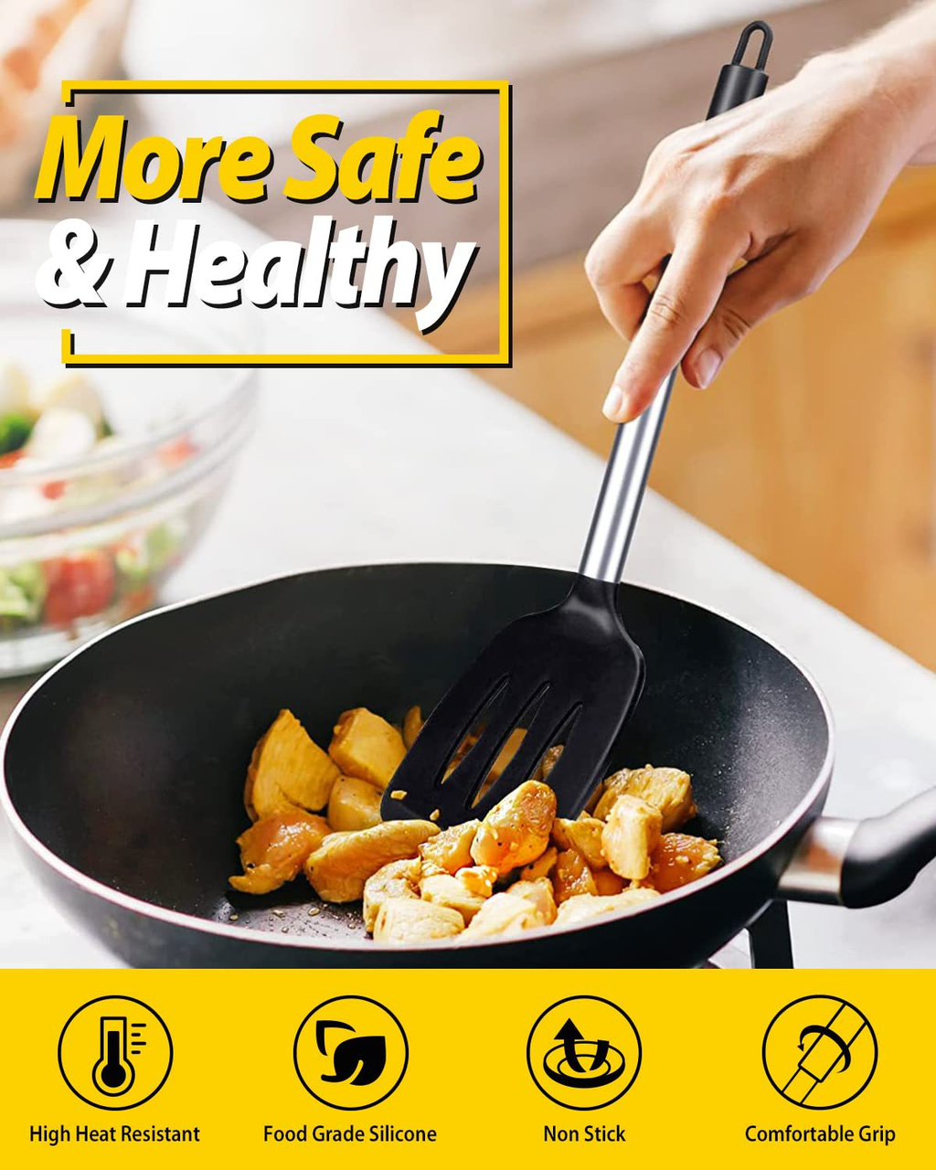 Grey 4-Piece Silicone Spatula Set Slotted Turner Solid Turner Stainless Steel Handle Heat Resistant Non-Stick Cookware Kitchen Utensils
