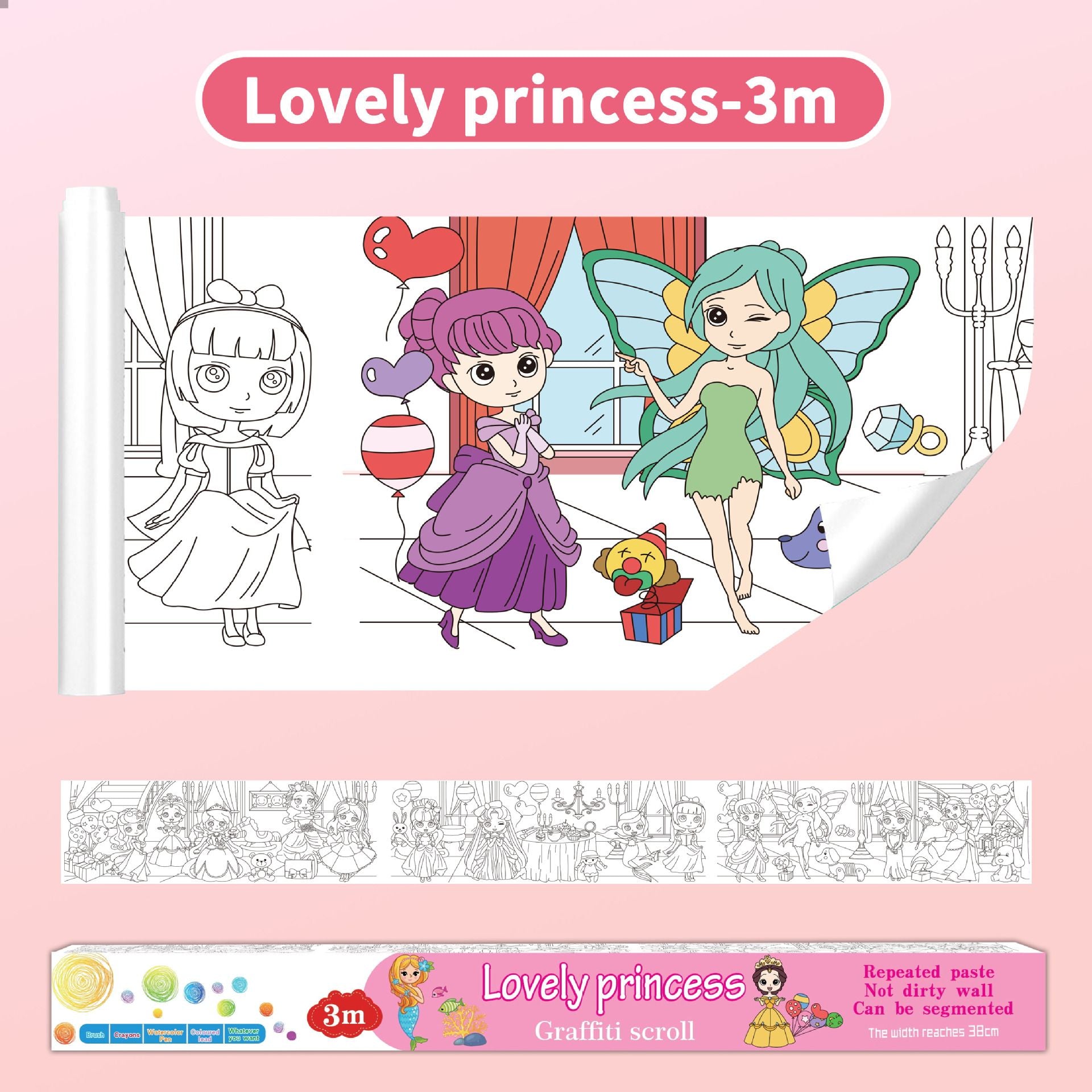 3M Extra Long Reusable Coloring Paper Roll, Lovely Princess Theme Self-Adhesive Wall Coloring Poster and DIY Cuttable Drawing Craft Paper Scroll with Gift Box