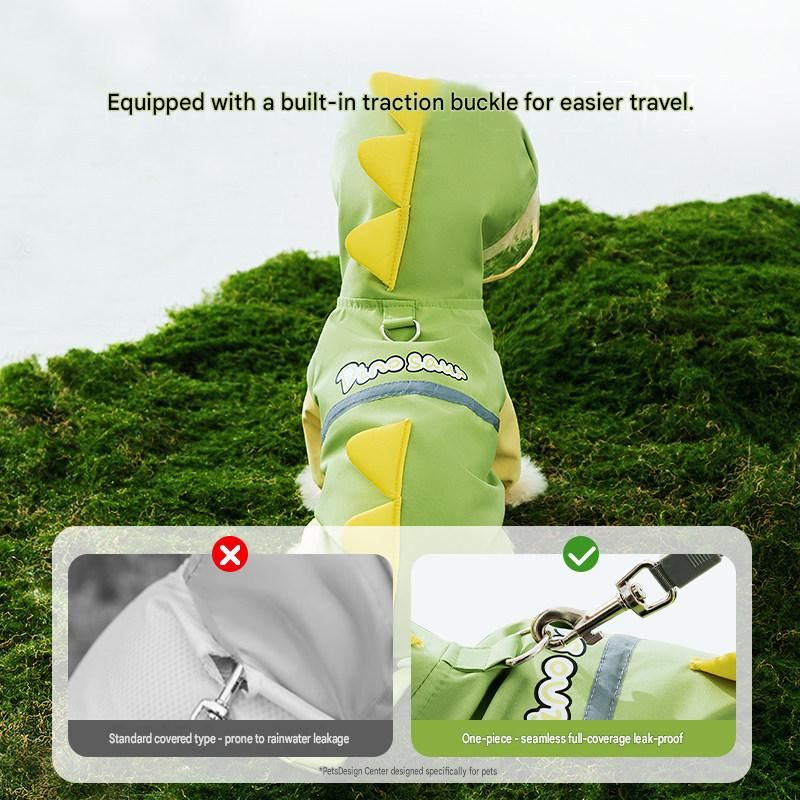 Green Dog Raincoat Dinosaur Hooded Waterproof Jacket 5XL Size with Leash Hole Removable Tail Cover Full Body Coverage Pet Rain Coat for Outdoor Walking Large Dogs