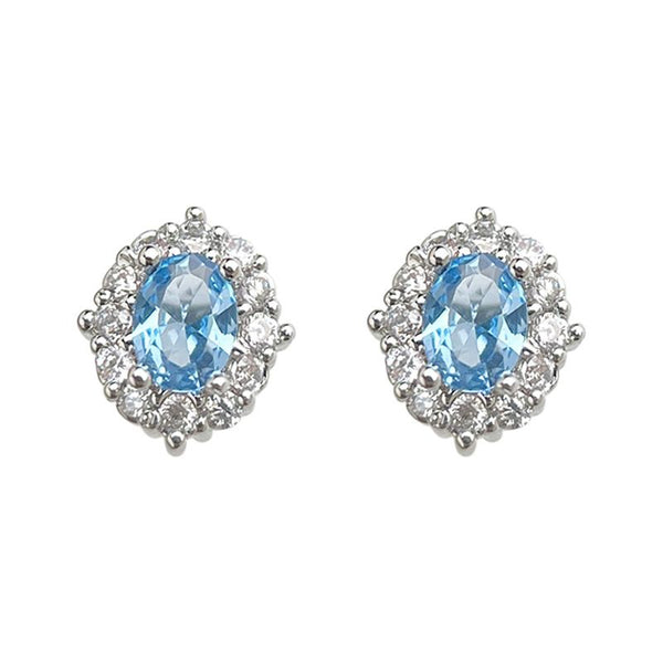 Blue Zircon Silver Plated Stud Earrings for Women - Elegant Minimalist Aquamarine Crystal Earrings for Everyday Wear