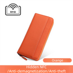 Orange Genuine Leather Women's Long Wallet with RFID Blocking & Hidden NFC  - Large Capacity Phone Purse with 180° Zipper Closure, 18 Card Slots, Coin/Cash Pockets and for Daily Travel Use