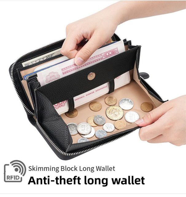 Orange Genuine Leather Women's Long Wallet with RFID Blocking & Hidden NFC  - Large Capacity Phone Purse with 180° Zipper Closure, 18 Card Slots, Coin/Cash Pockets and for Daily Travel Use