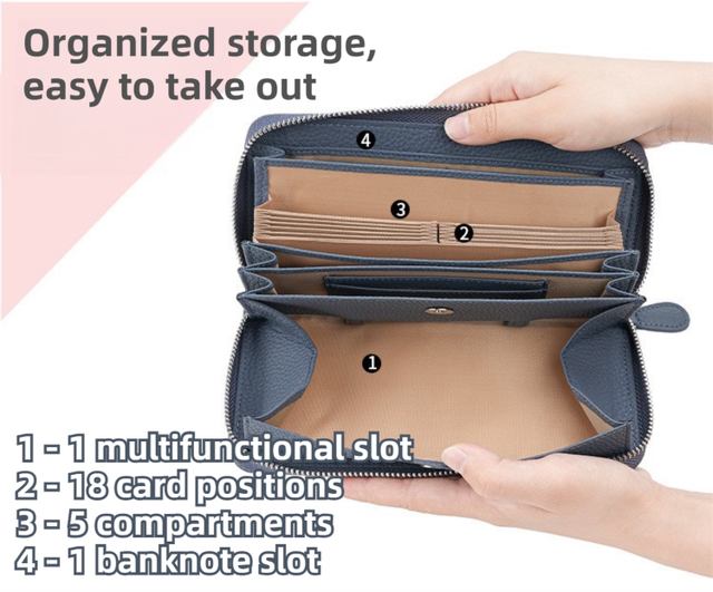 Orange Genuine Leather Women's Long Wallet with RFID Blocking & Hidden NFC  - Large Capacity Phone Purse with 180° Zipper Closure, 18 Card Slots, Coin/Cash Pockets and for Daily Travel Use