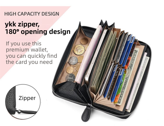 Orange Genuine Leather Women's Long Wallet with RFID Blocking & Hidden NFC  - Large Capacity Phone Purse with 180° Zipper Closure, 18 Card Slots, Coin/Cash Pockets and for Daily Travel Use
