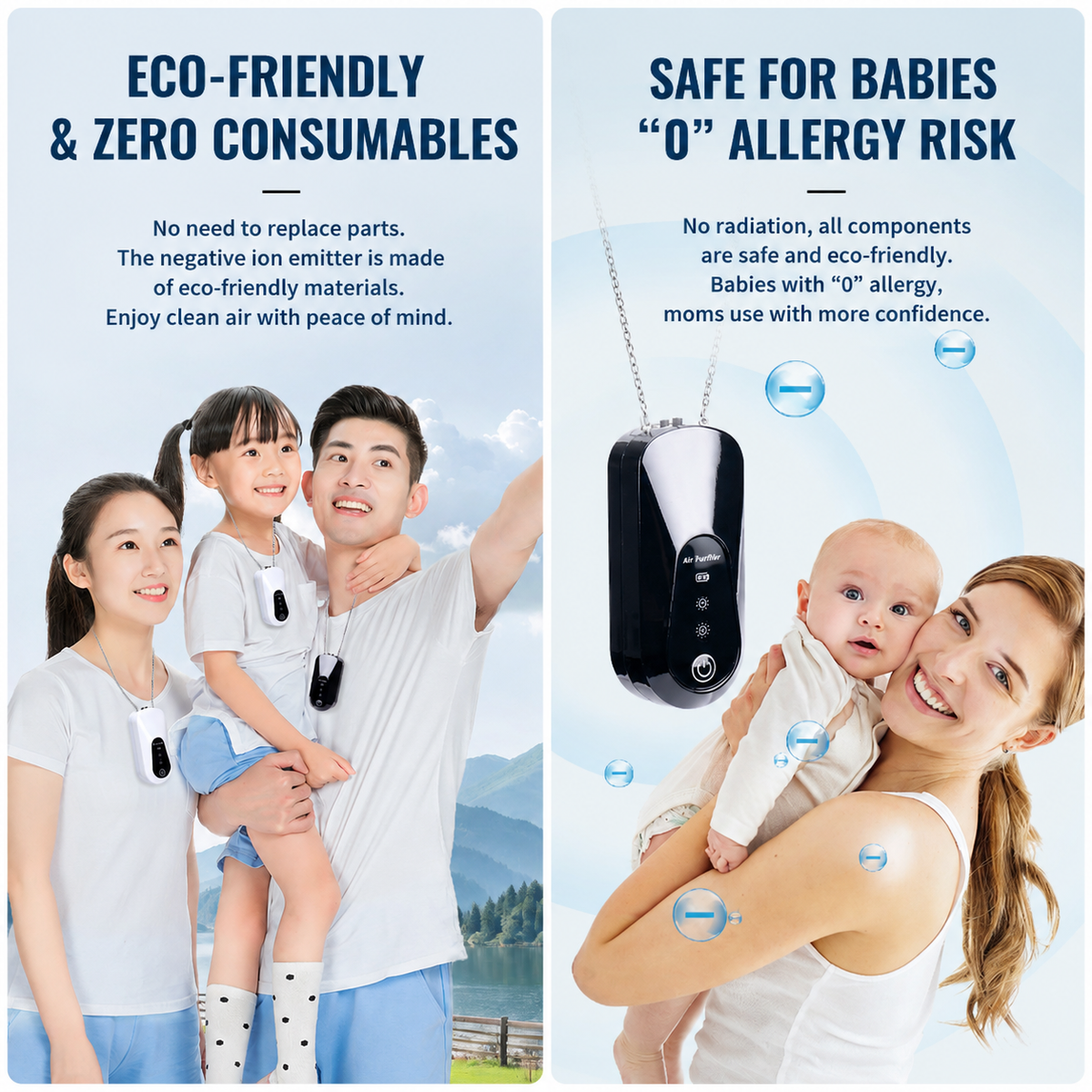 2PCS White Wearable Air Purifier Necklace with 2 Adjustable Modes - Portable Mini Negative Ion Purifier, Filterless Zero Consumables, Type C Charging and Long Battery Life