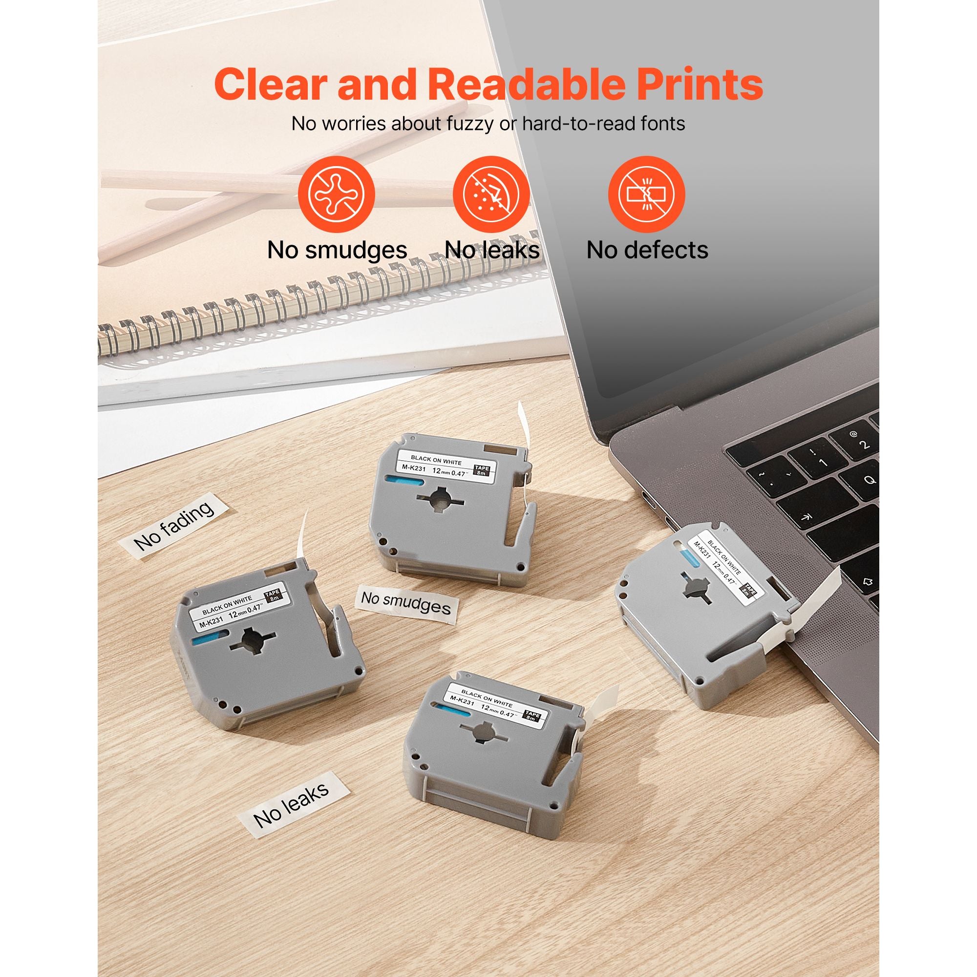Label Maker Tape, 4 Pack, 0.47 in / 12 mm Black on White Label Cartridge Compatible for Various Types of Brother Labelers, Durable & Long-lasting, Waterproof, Replacement for Letra Tag M-K231