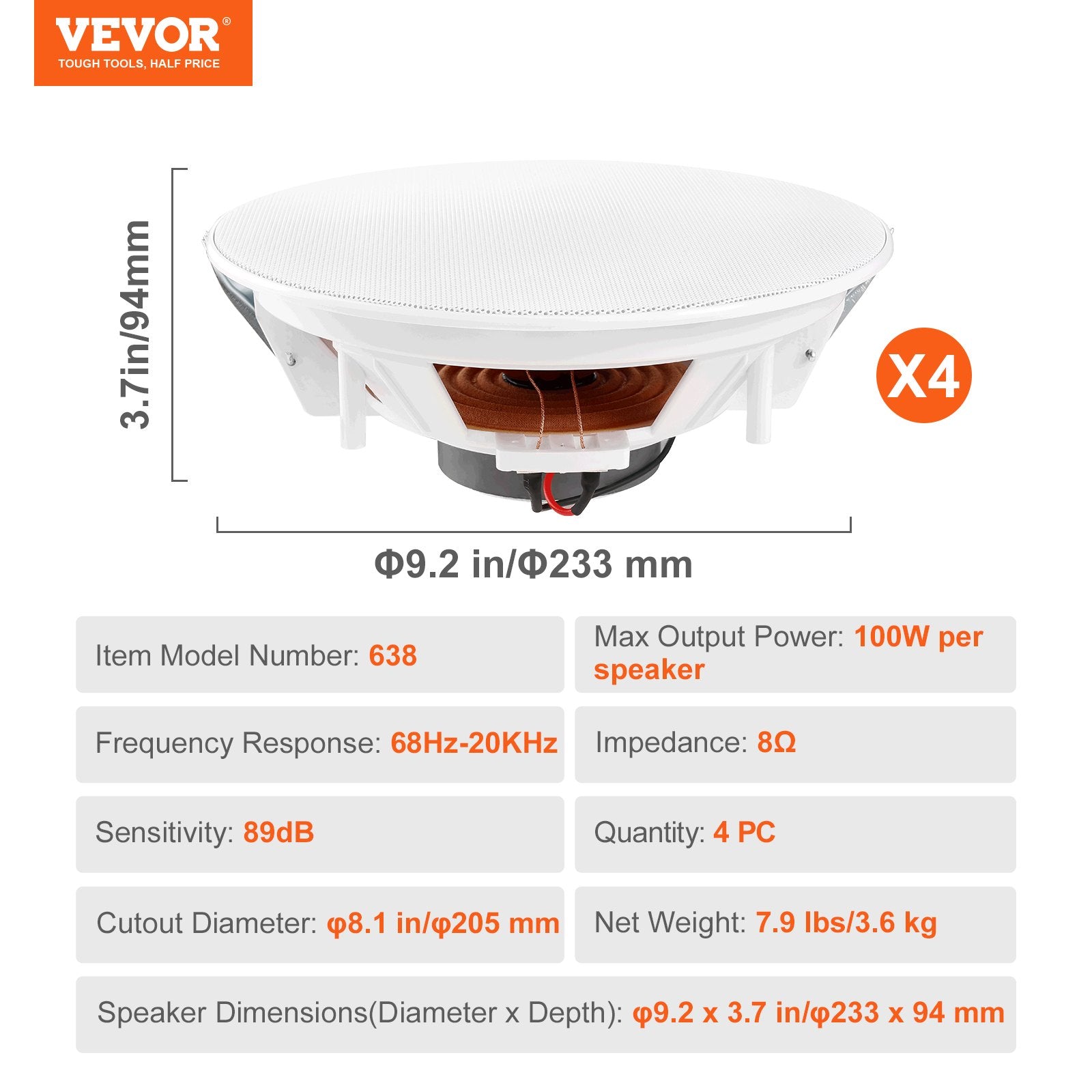 4 PCs 203.2 mm in Ceiling Speakers, 100-Watts, Flush Mount Ceiling & in-Wall Speakers System with 8ΩImpedance 89dB Sensitivity, for Home Kitchen Living Room Bedroom or Covered Outdoor Porches