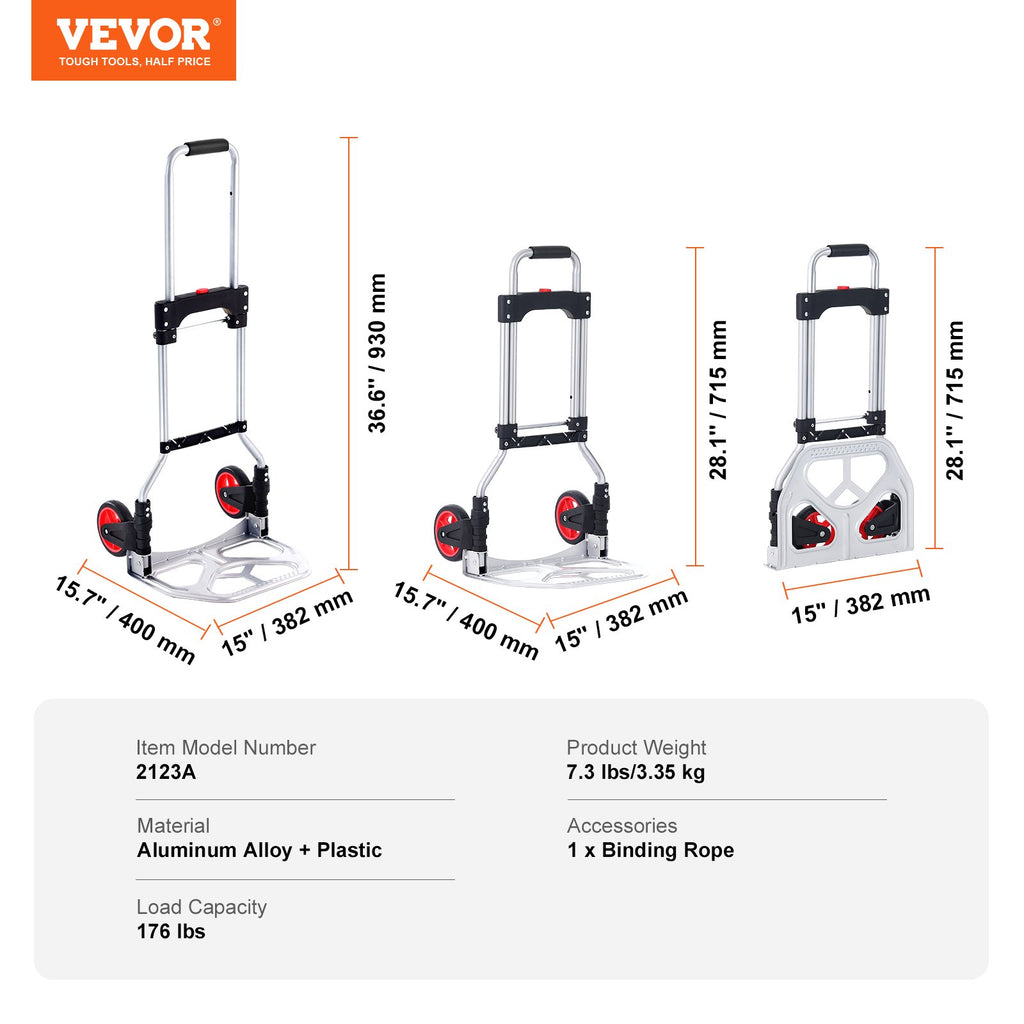 Folding Hand Truck, 80 kg Load Capacity, Aluminum Portable Cart, Convertible Hand Truck and Dolly with Telescoping Handle and Rubber Wheels, Ultra Lightweight Super Strong for Moving Warehouse