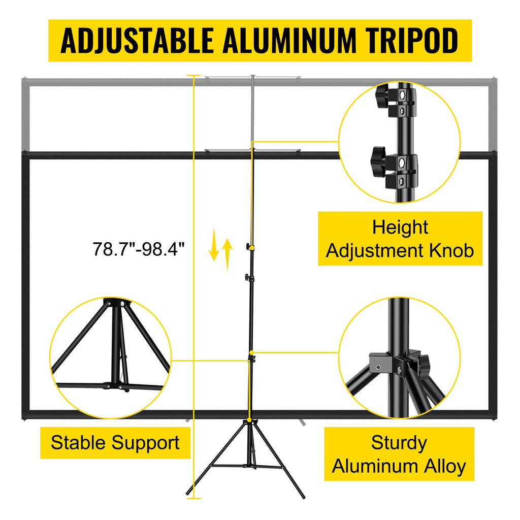 Tripod Projector Screen with Stand 100inch 16:9 4K HD Projection Screen Stand Wrinkle-Free Height Adjustable Portable Screen for Projector Indoor & Outdoor for Movie, Home Cinema, Gaming, Office