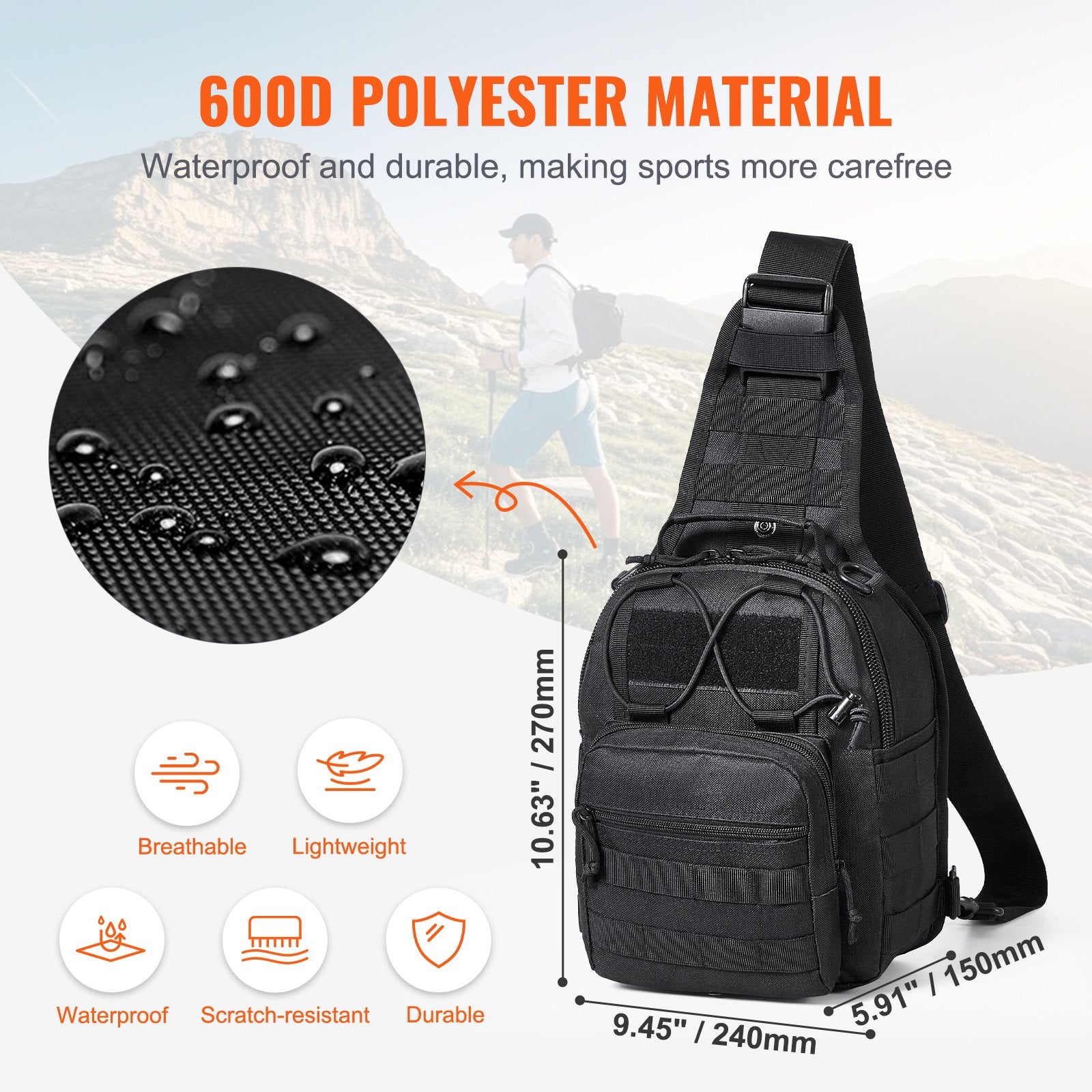 Tactical Sling Bag 10L Military Rover Shoulder Sling Backpack Black
