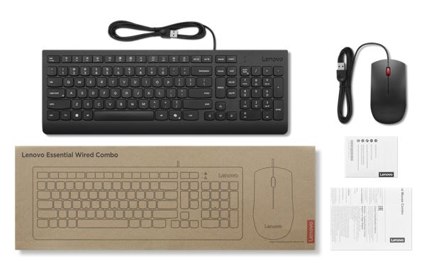 LENOVO Universal Wired USB Keyboard Mouse Combo Adjustable Tilt Leg Spill Resistant Copilot Keyboard 1600 DPI Optical Sensor Mouse Plug & Play 1.8m